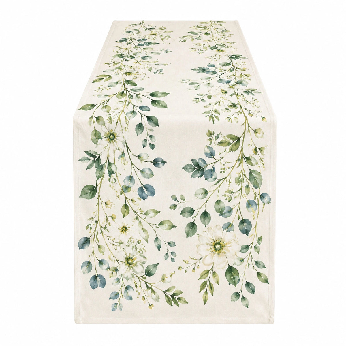 Chemin de table 180 x 33 cm en tissu beige à motif floral vert style botanique