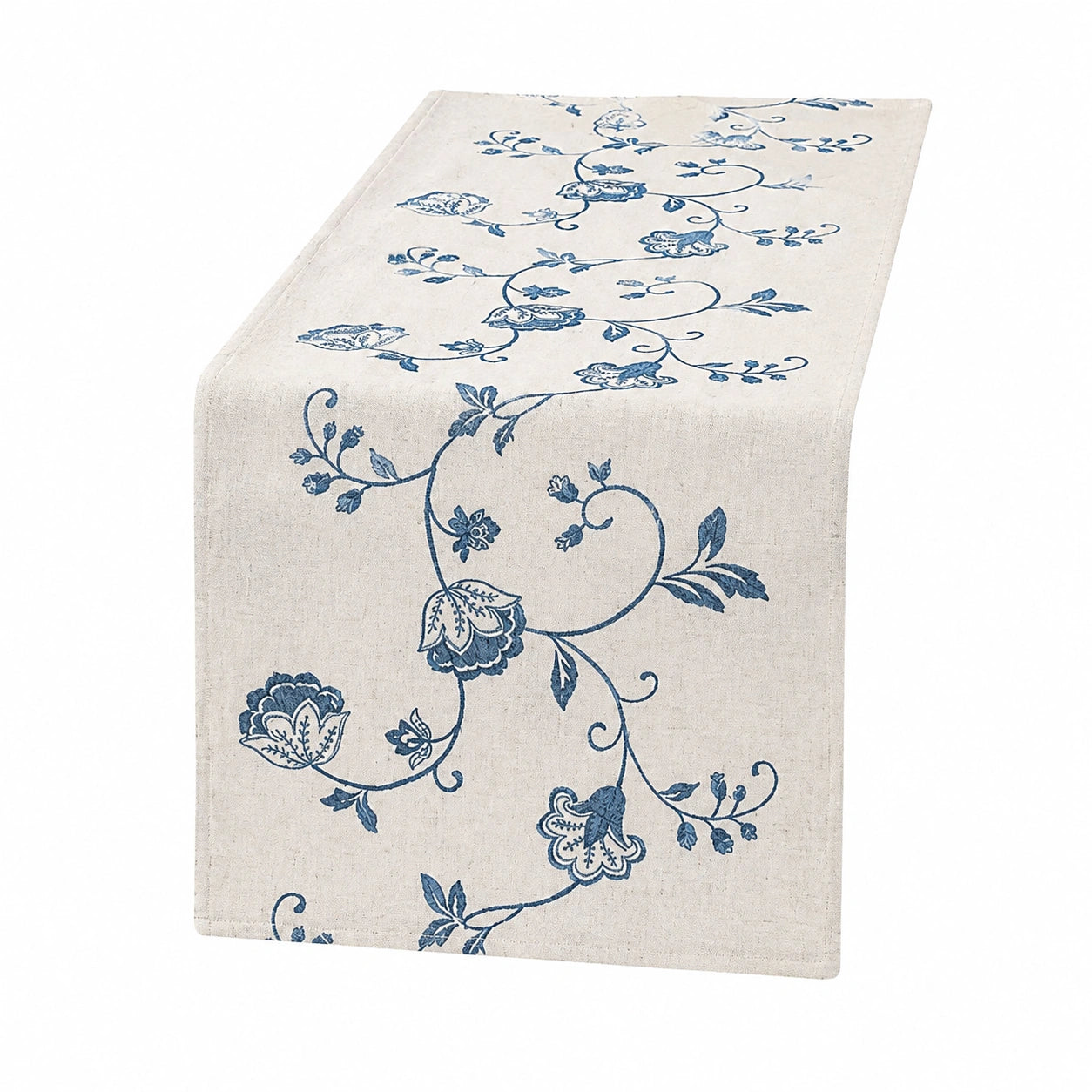 Chemin de table 180 cm x 35 cm en coton et lin beige bleu à motif floral style champêtre