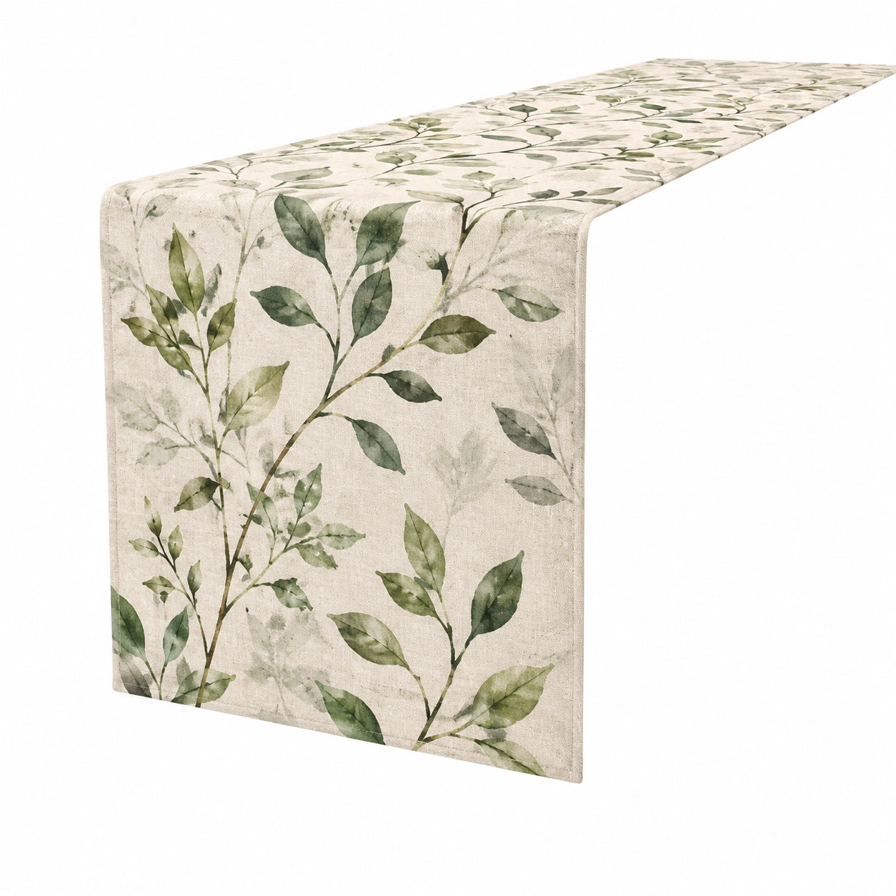 Chemin de table 180 x 35 cm en mélange de lin beige et vert à motif végétal
