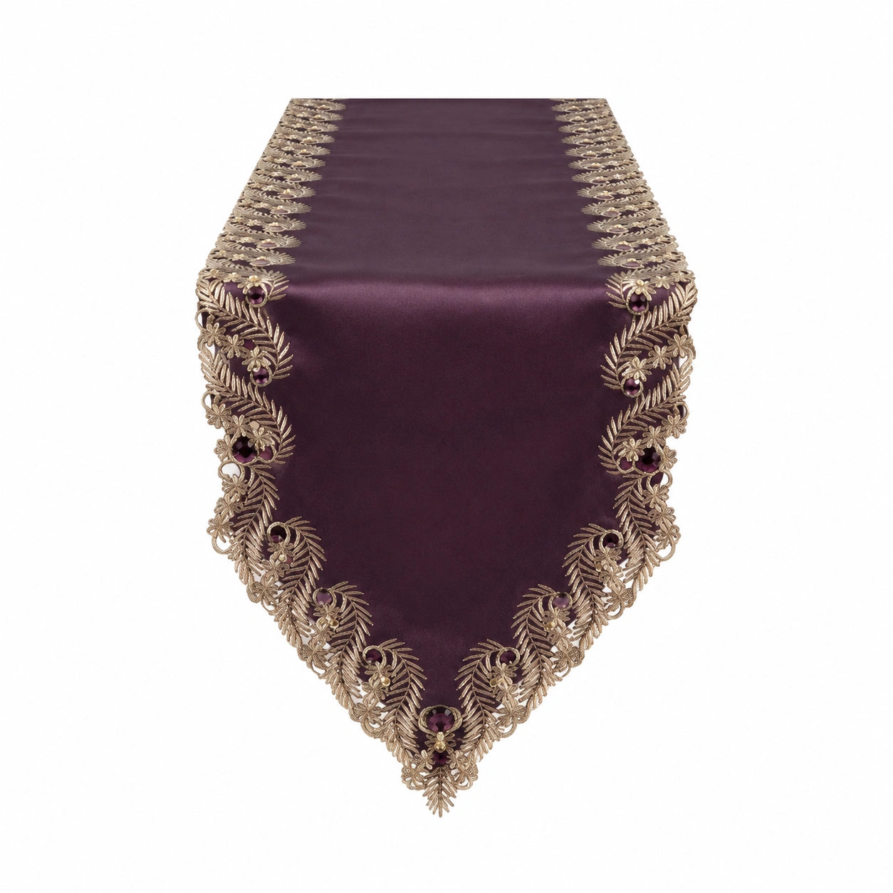 Chemin de table 180 x 33 cm en polyester violet prune brodé style classique
