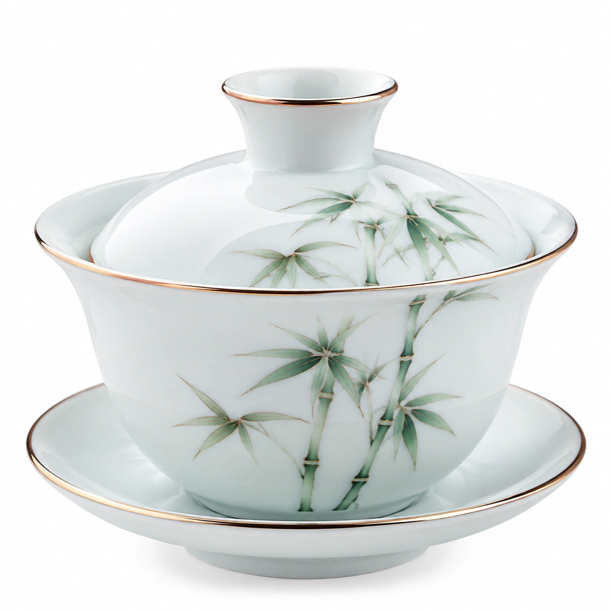 Gaiwan en porcelaine 150 ml blanc vert décor bambou avec soucoupe