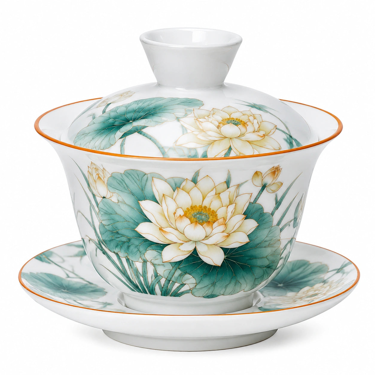 Gaiwan 150 ml en porcelaine blanche verte et dorée à motif lotus pour infusion de thé