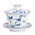 Gaiwan en porcelaine 150 ml blanc et bleu avec couvercle style bambou