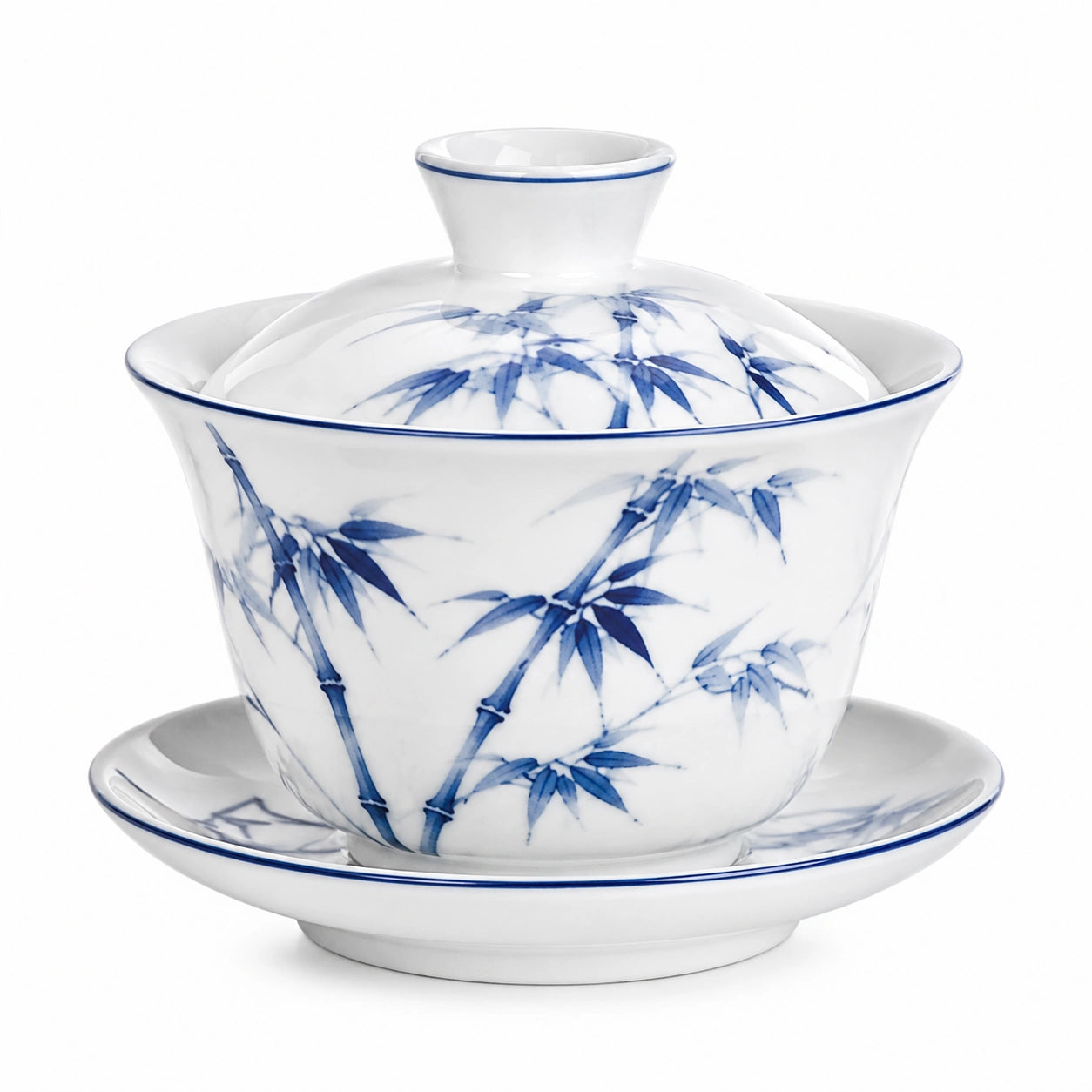 Gaiwan en porcelaine 150 ml blanc et bleu avec couvercle style bambou