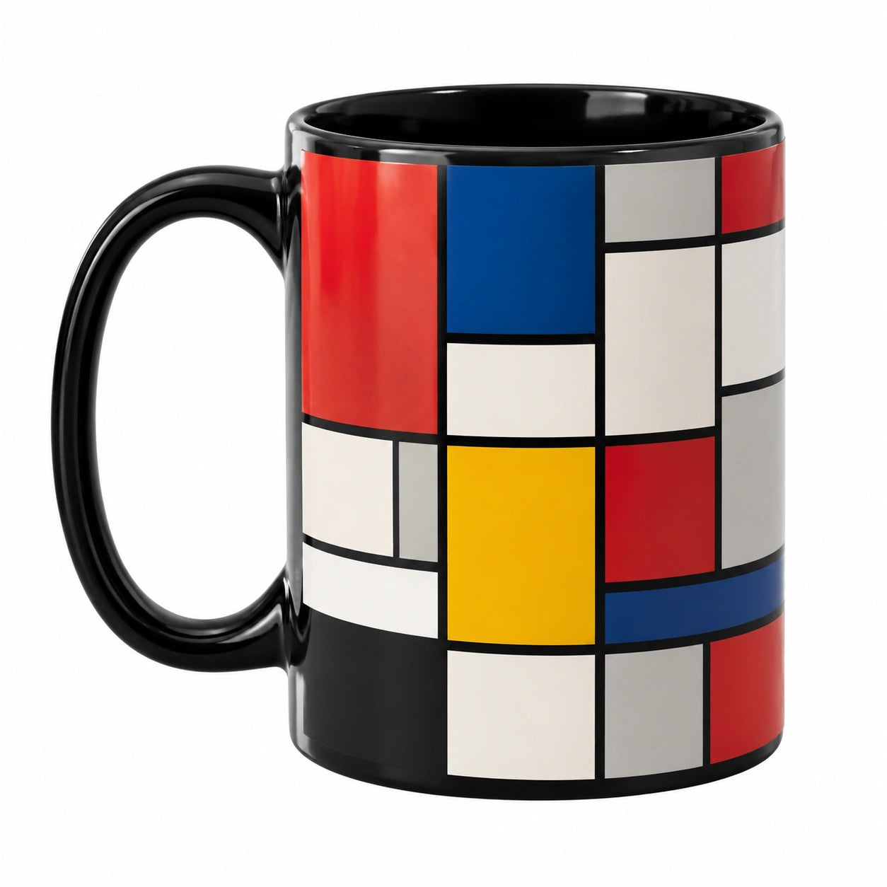 Mug 330 ml en céramique noir rouge bleu blanc jaune à motif géométrique