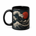 Mug en céramique 330 ml noir motif vagues et soleil pour boissons chaudes style graphique