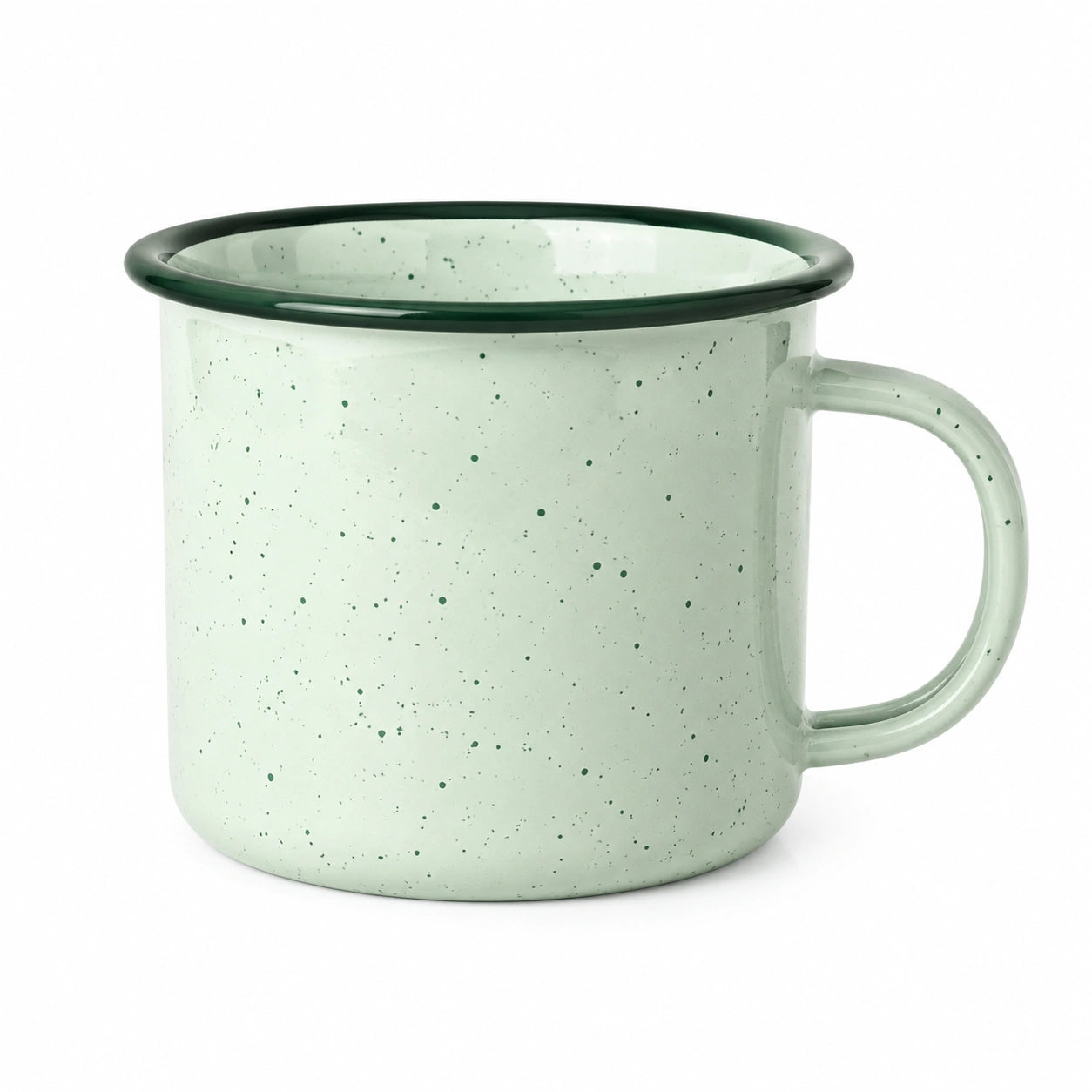 Mug émaillé 350 ml diamètre 9 cm acier vert moucheté pour boissons chaudes style camping