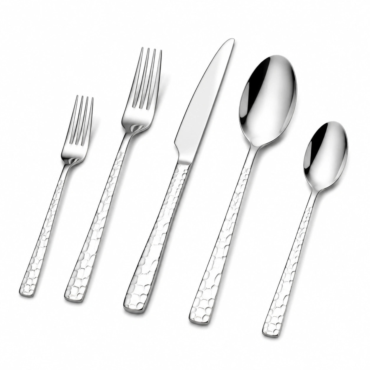 Ménagère 5 pièces en acier inoxydable argenté finition martelée pour table